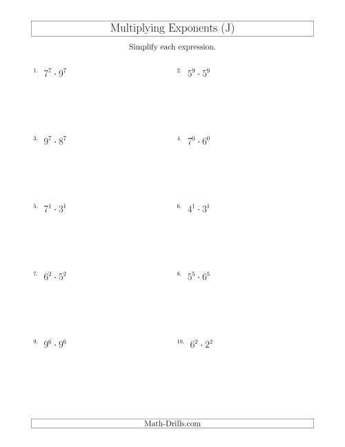 The Multiplying Exponents With Different Bases and the Same Exponent (All Positive) (J) Math Worksheet