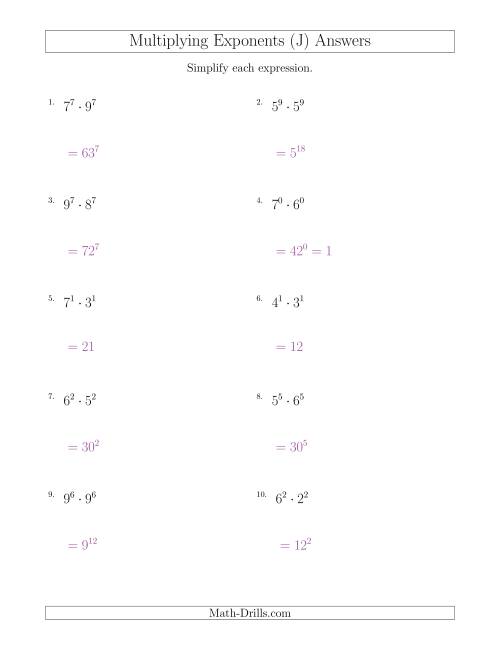 The Multiplying Exponents With Different Bases and the Same Exponent (All Positive) (J) Math Worksheet Page 2