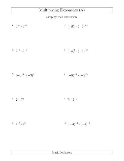 The Multiplying Exponents (With Negatives) (A) Math Worksheet
