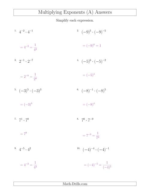 The Multiplying Exponents (With Negatives) (A) Math Worksheet Page 2