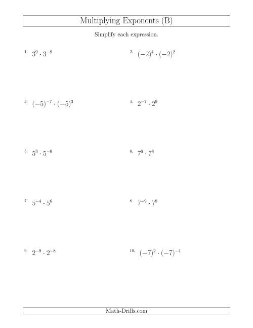 The Multiplying Exponents (With Negatives) (B) Math Worksheet