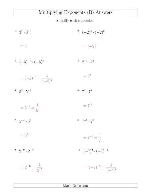 The Multiplying Exponents (With Negatives) (B) Math Worksheet Page 2