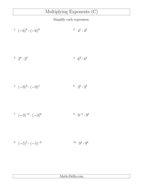 The Multiplying Exponents (With Negatives) (C) Math Worksheet