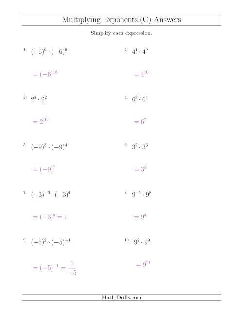 The Multiplying Exponents (With Negatives) (C) Math Worksheet Page 2