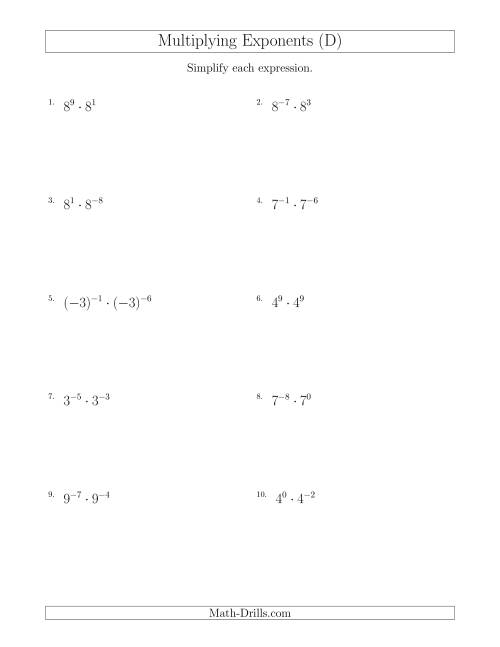 The Multiplying Exponents (With Negatives) (D) Math Worksheet