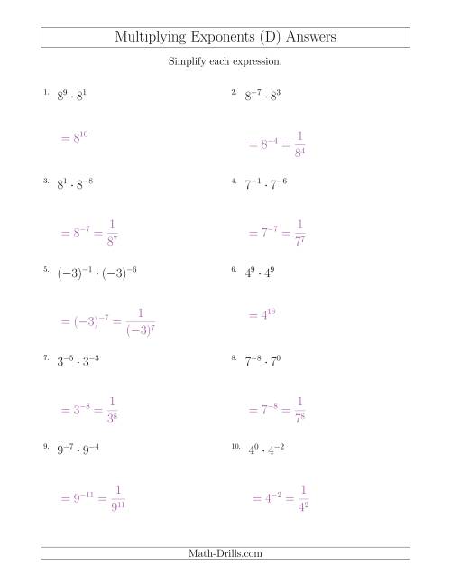 The Multiplying Exponents (With Negatives) (D) Math Worksheet Page 2