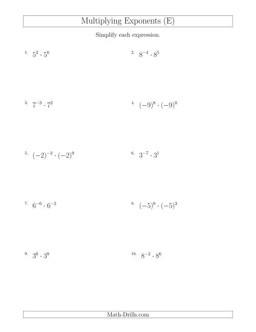 The Multiplying Exponents (With Negatives) (E) Math Worksheet