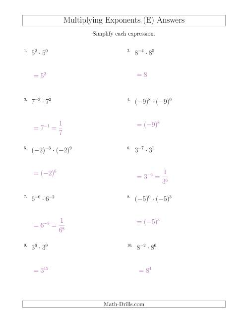 The Multiplying Exponents (With Negatives) (E) Math Worksheet Page 2