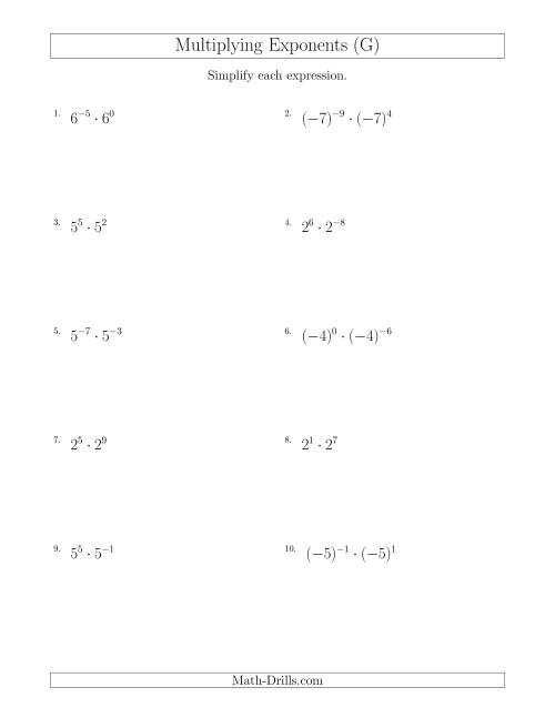 The Multiplying Exponents (With Negatives) (G) Math Worksheet