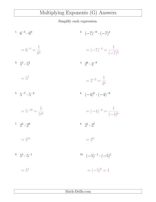The Multiplying Exponents (With Negatives) (G) Math Worksheet Page 2