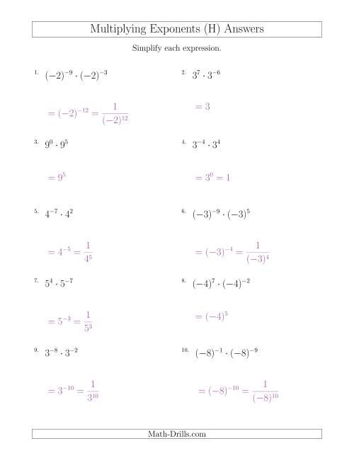 The Multiplying Exponents (With Negatives) (H) Math Worksheet Page 2