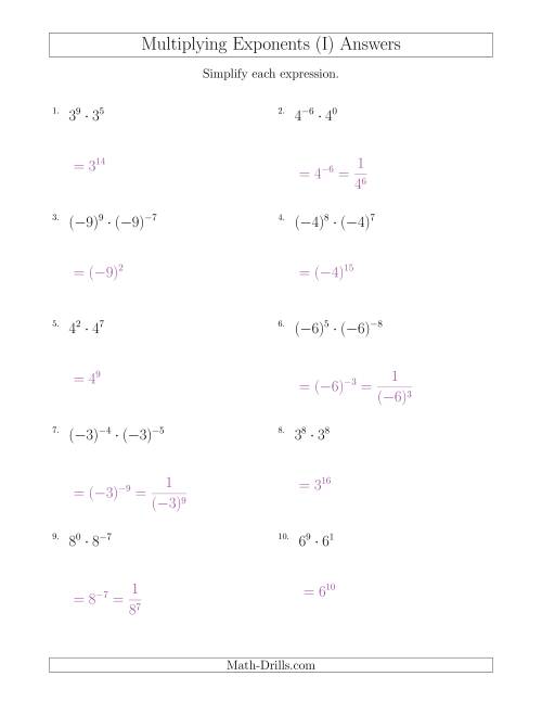 The Multiplying Exponents (With Negatives) (I) Math Worksheet Page 2