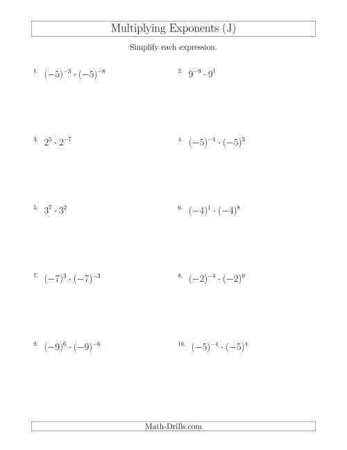 The Multiplying Exponents (With Negatives) (J) Math Worksheet