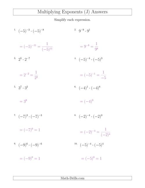 The Multiplying Exponents (With Negatives) (J) Math Worksheet Page 2