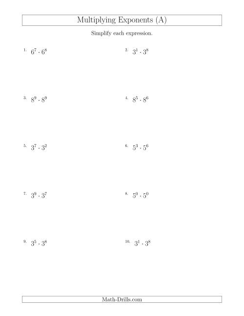 The Multiplying Exponents (All Positive) (A) Math Worksheet