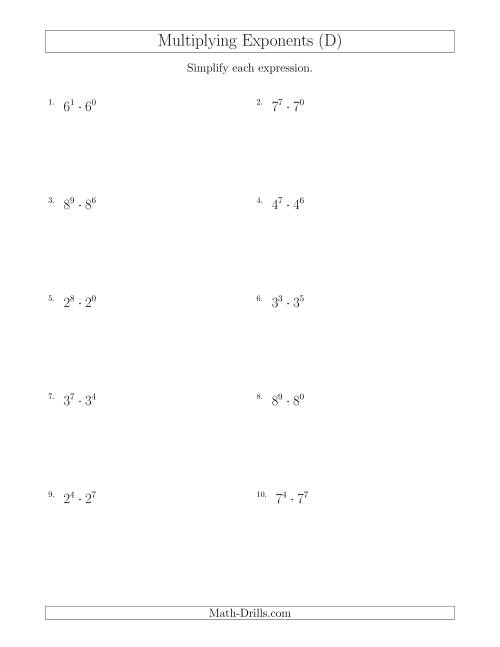 The Multiplying Exponents (All Positive) (D) Math Worksheet
