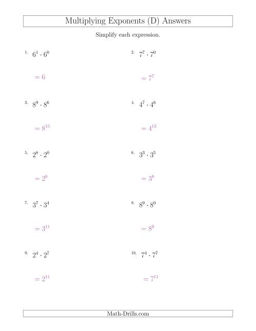 The Multiplying Exponents (All Positive) (D) Math Worksheet Page 2