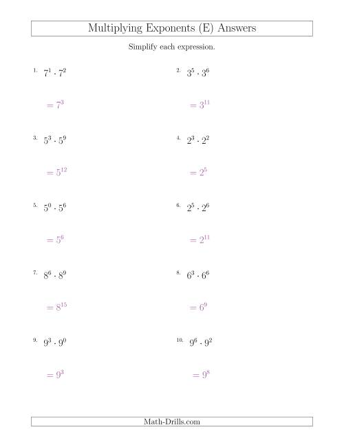 The Multiplying Exponents (All Positive) (E) Math Worksheet Page 2