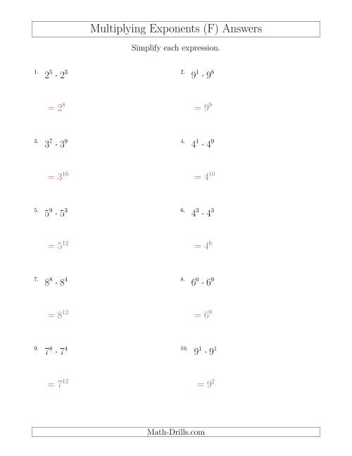 The Multiplying Exponents (All Positive) (F) Math Worksheet Page 2