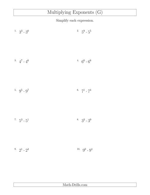 The Multiplying Exponents (All Positive) (G) Math Worksheet