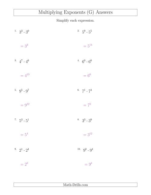 The Multiplying Exponents (All Positive) (G) Math Worksheet Page 2