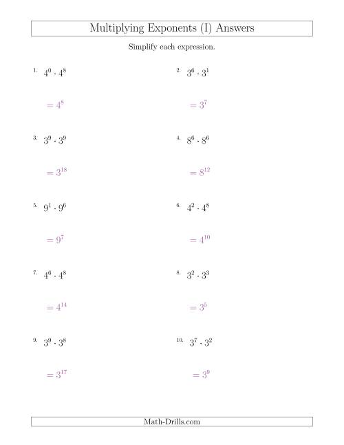 The Multiplying Exponents (All Positive) (I) Math Worksheet Page 2