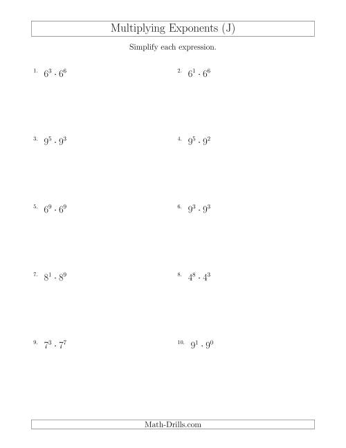 The Multiplying Exponents (All Positive) (J) Math Worksheet