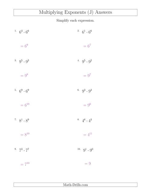 The Multiplying Exponents (All Positive) (J) Math Worksheet Page 2