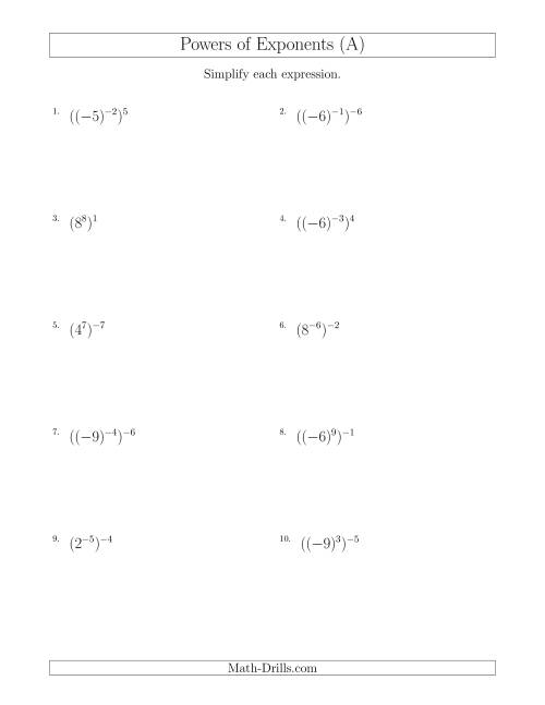 The Powers of Exponents (With Negatives) (A) Math Worksheet