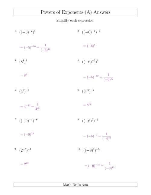 The Powers of Exponents (With Negatives) (A) Math Worksheet Page 2