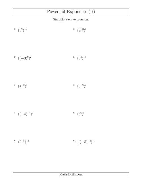 The Powers of Exponents (With Negatives) (B) Math Worksheet