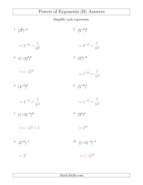 The Powers of Exponents (With Negatives) (B) Math Worksheet Page 2