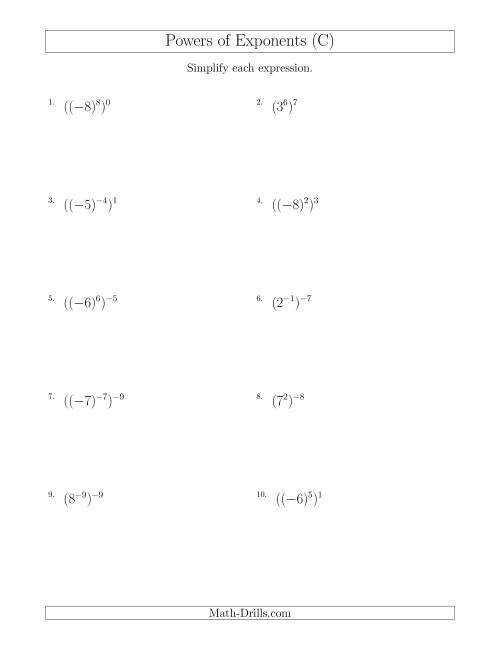 The Powers of Exponents (With Negatives) (C) Math Worksheet