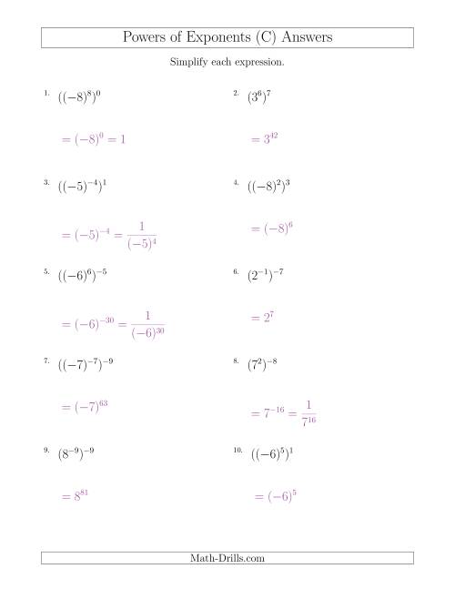 The Powers of Exponents (With Negatives) (C) Math Worksheet Page 2