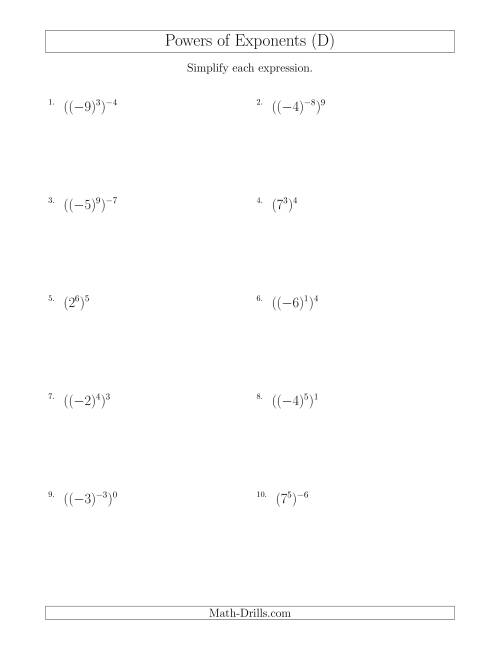 The Powers of Exponents (With Negatives) (D) Math Worksheet
