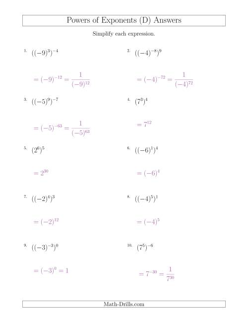 The Powers of Exponents (With Negatives) (D) Math Worksheet Page 2
