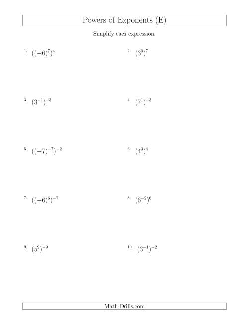 The Powers of Exponents (With Negatives) (E) Math Worksheet