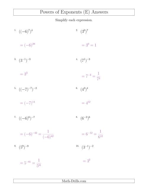 The Powers of Exponents (With Negatives) (E) Math Worksheet Page 2