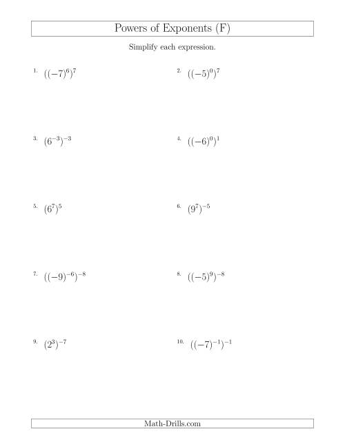 The Powers of Exponents (With Negatives) (F) Math Worksheet