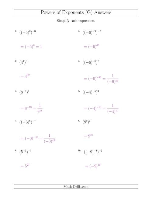 The Powers of Exponents (With Negatives) (G) Math Worksheet Page 2