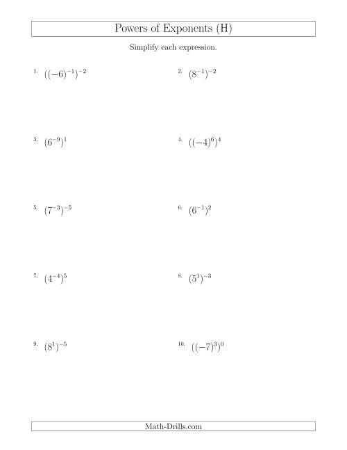 The Powers of Exponents (With Negatives) (H) Math Worksheet