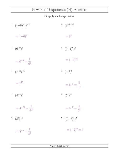 The Powers of Exponents (With Negatives) (H) Math Worksheet Page 2