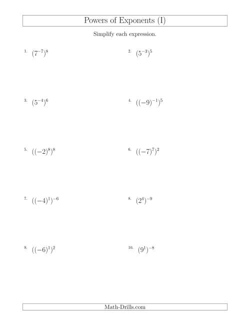 The Powers of Exponents (With Negatives) (I) Math Worksheet