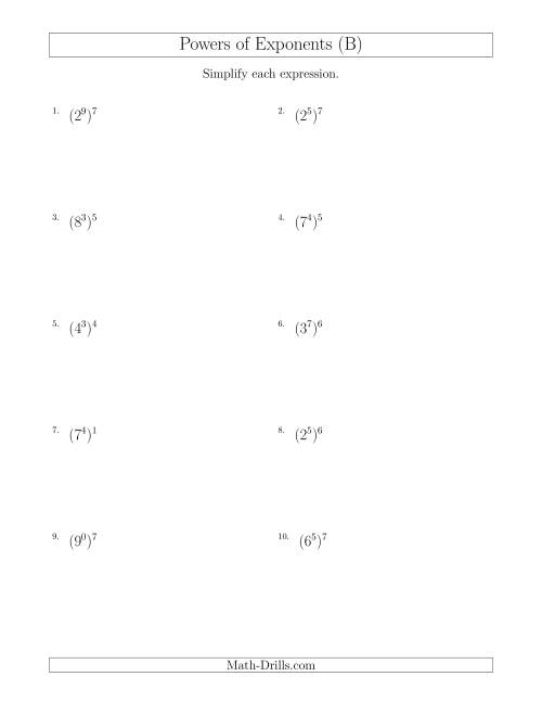 The Powers of Exponents (All Positive) (B) Math Worksheet