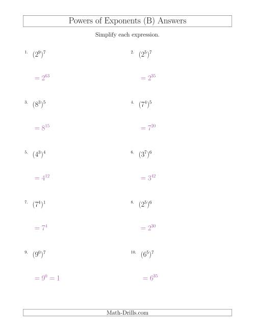 The Powers of Exponents (All Positive) (B) Math Worksheet Page 2