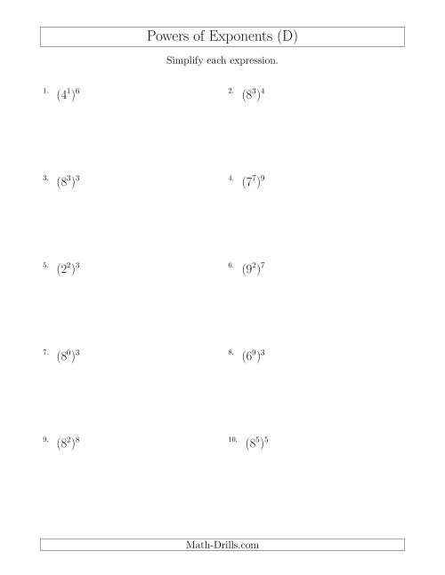 The Powers of Exponents (All Positive) (D) Math Worksheet