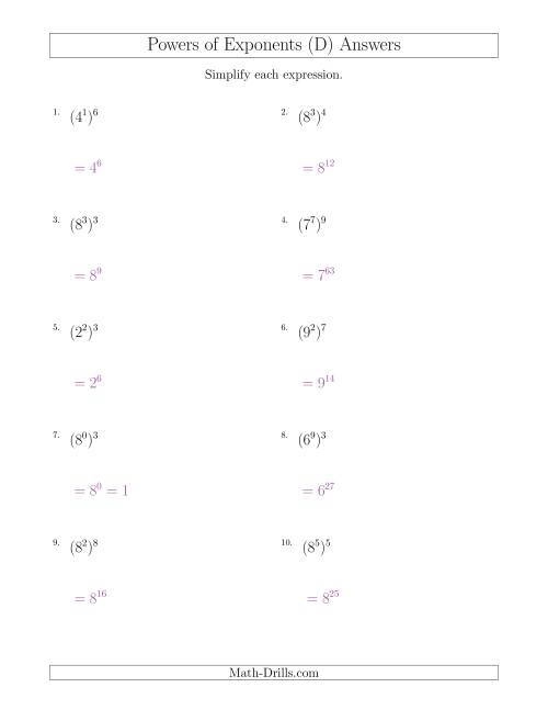 The Powers of Exponents (All Positive) (D) Math Worksheet Page 2