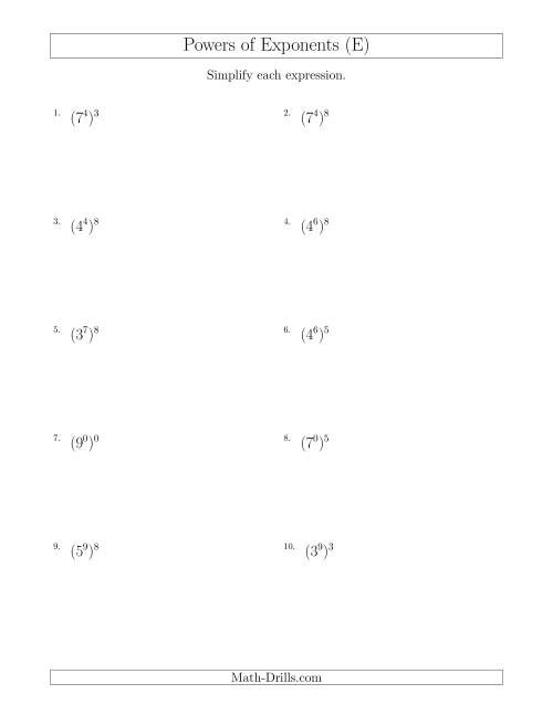 The Powers of Exponents (All Positive) (E) Math Worksheet