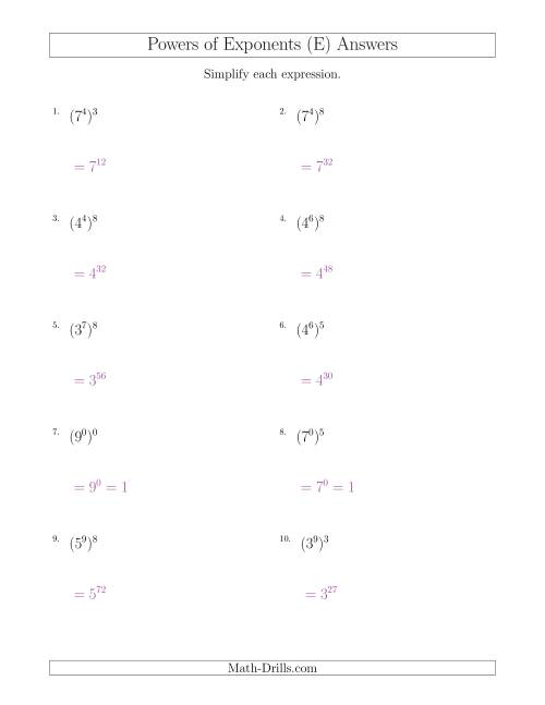 The Powers of Exponents (All Positive) (E) Math Worksheet Page 2