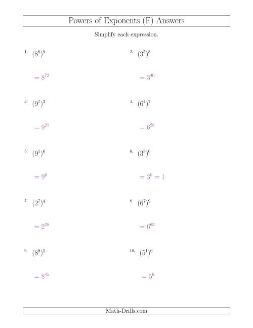The Powers of Exponents (All Positive) (F) Math Worksheet Page 2